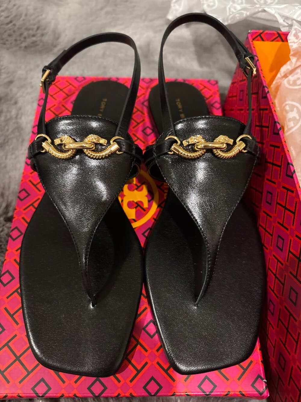NEW Tory Burch Jessa T Strap Sandal Sz 7 Black Leather Gold Hardware